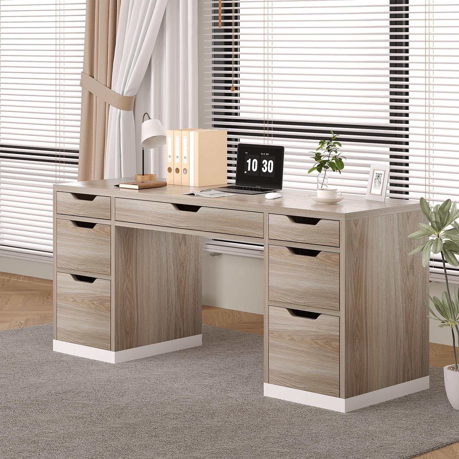 MaverickFurni 54 Inch Computer Desk with Storage Drawers, Executive Desk with 7 Drawers for Bedroom, Office Desk with File Cabinet for Work Study