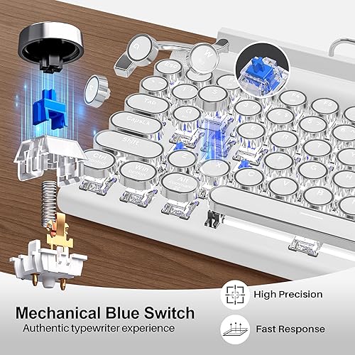 Miniatura 3 de Máquina de escribir retro teclado mecánico inalámbrico para juegos, Bluetooth 5.0 para computadora de oficina, teclados vintage, 83 teclas azules,
