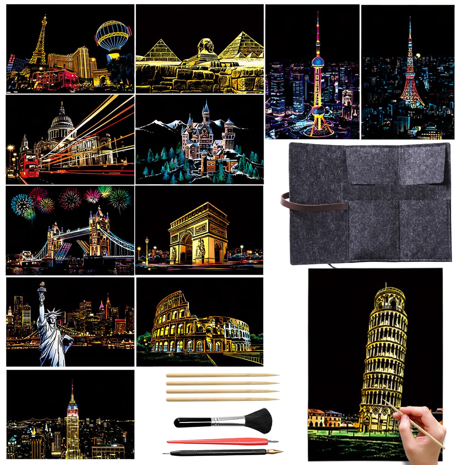Rainbow Scratch Art Kit for Kids and Adults - 12 PCS City Series Scratch Notes with Stylus Tools, Creative Art Supplies for Children & Adults
