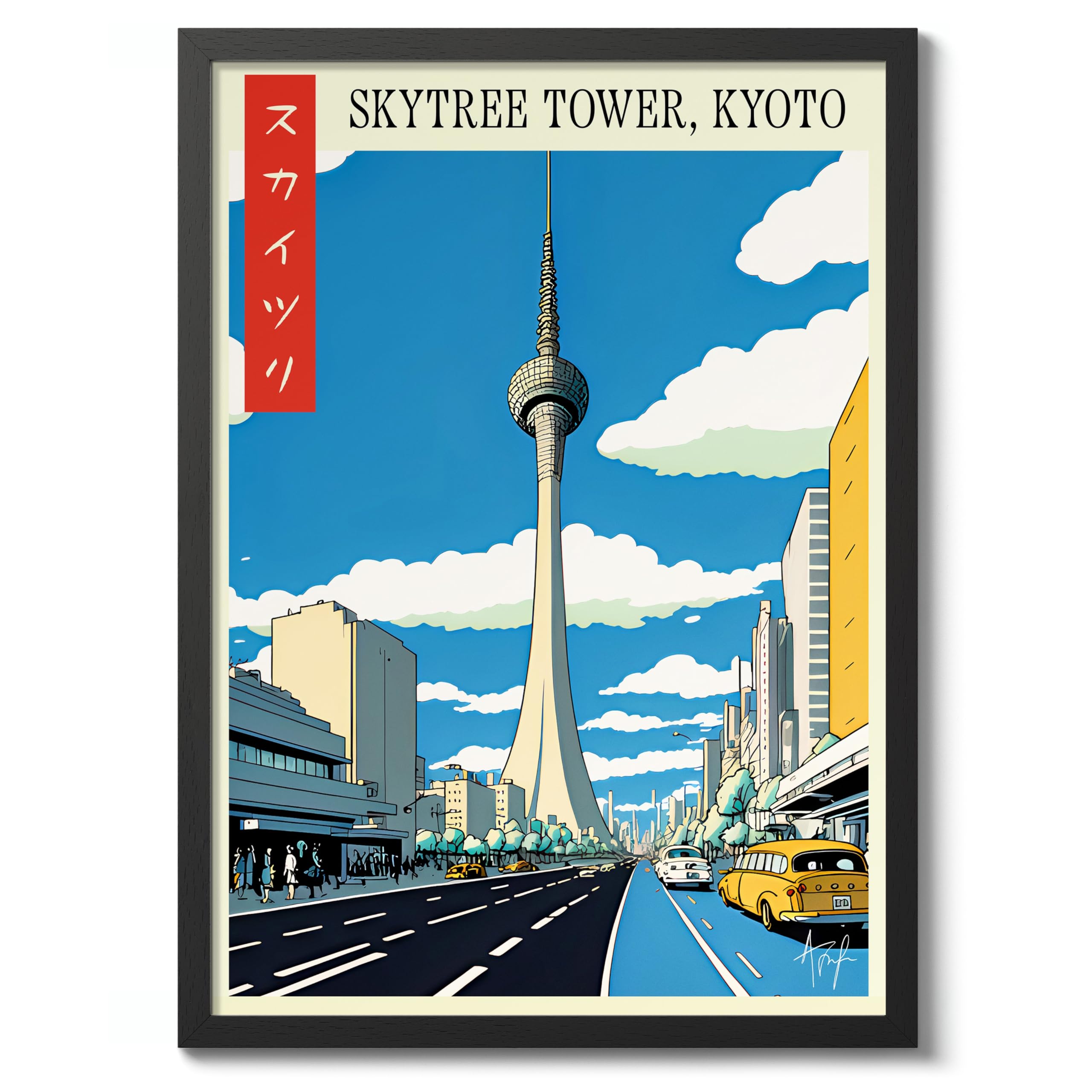 Skytree Tower, Tokyo - Japan Alfonso Trufa Vintage Poster, Retro Travel Art Illustration Print, Tourism Landmark Sketch Colouful Bedroom Wall Art Home Decor, A3 (Black Frame) - 45x32.8cm