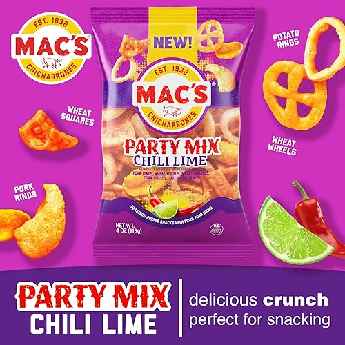 Miniatura 3 de Mac's Chili Lime Cerk Skins Party Mix - Chicharrones con sabor a chile a lima - 4 onzas (paquete de 9 mezclas para fiestas)