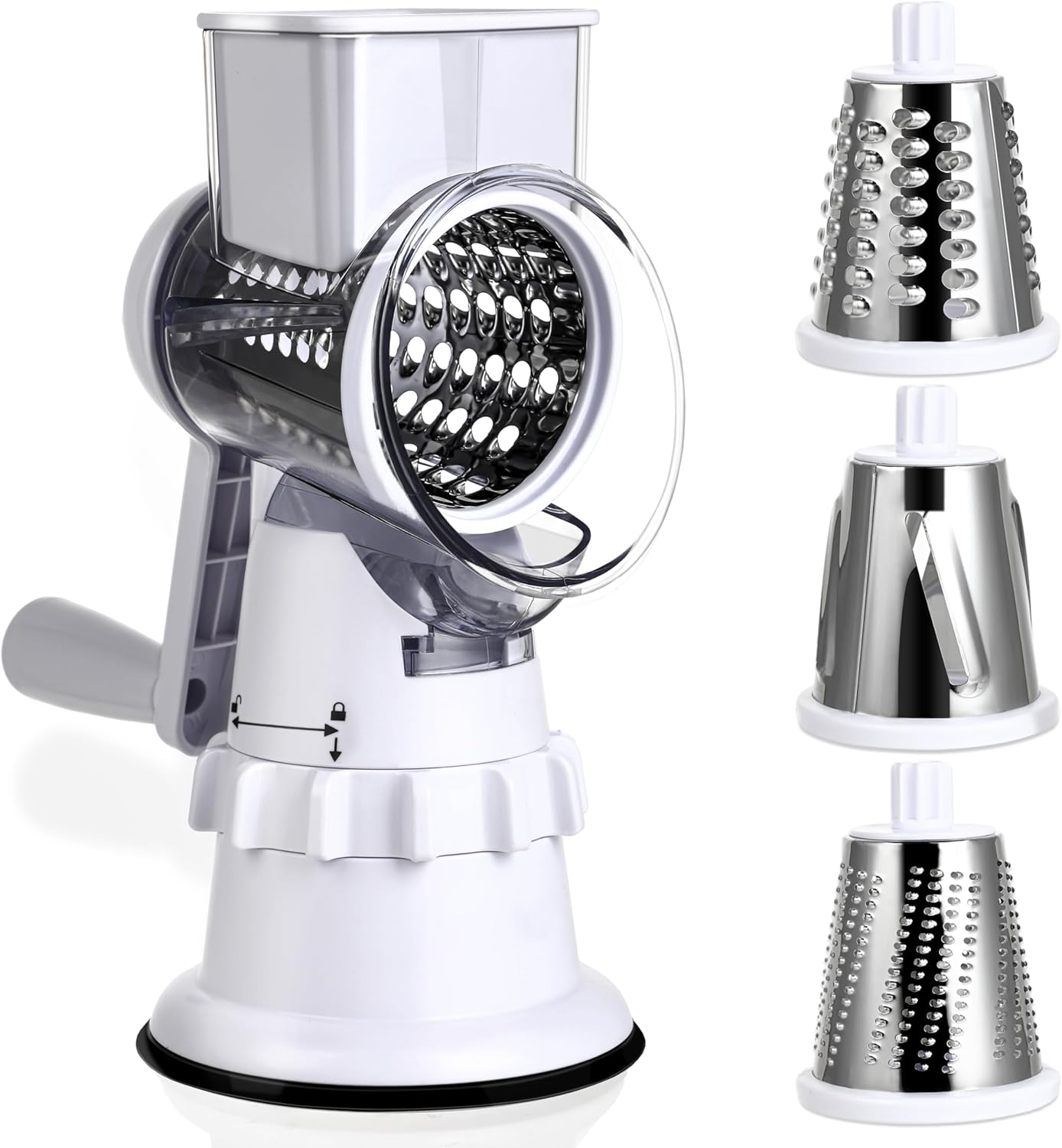 FAB&DELUXE Rotary Cheese Grater Hand Crank – Mandoline Vegetable Slicer with 3 Stainless Steel Blades, Cheese Shredder for Fruit Vegetables Nuts – White FAB&DELUXE Rotary Cheese Grater Hand Crank – Mandoline Vegetable Slicer with 3 Stainless Steel Blades, Cheese Shredder for Fruit Vegetables Nuts – White