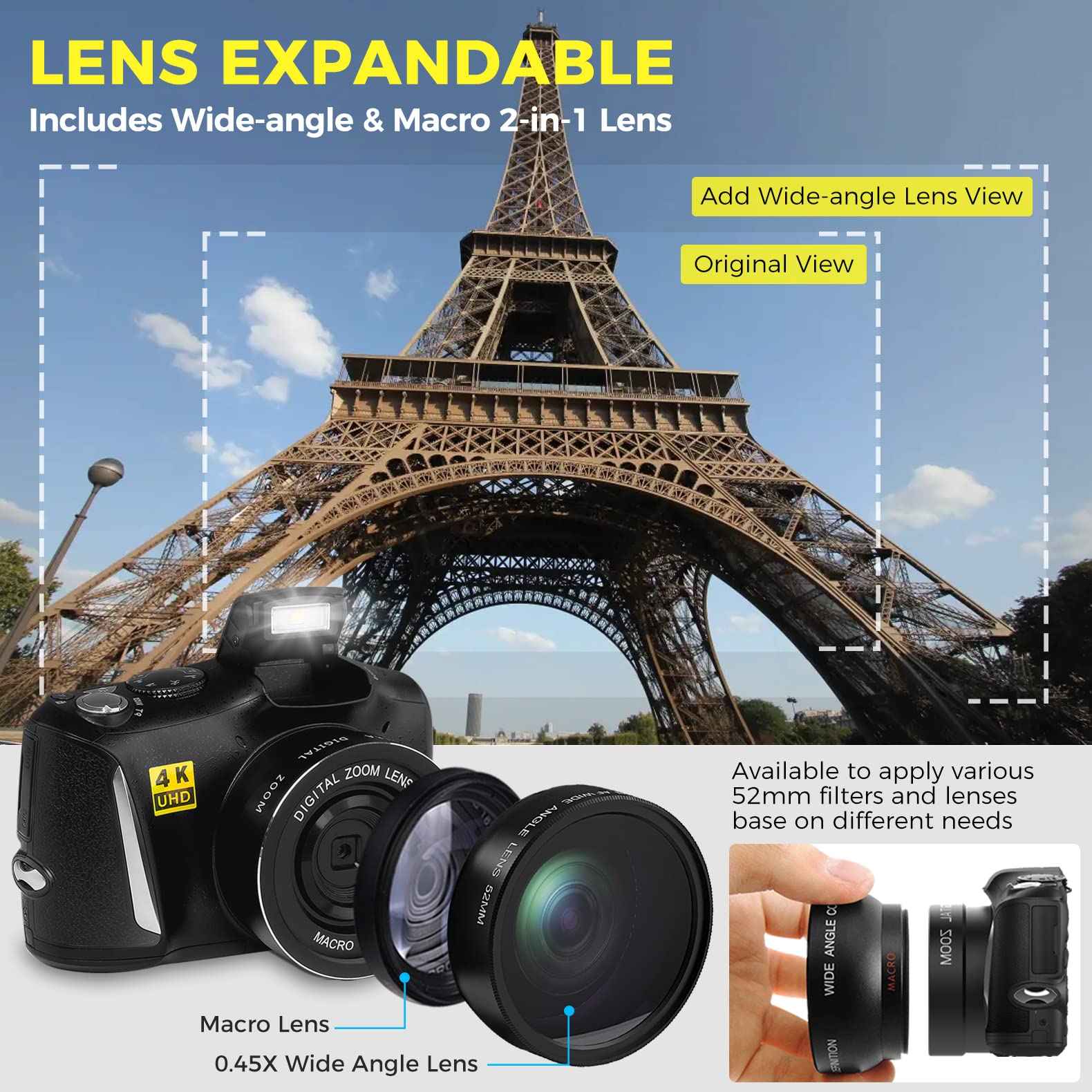 Fotocamera digitale con obiettivo macro e grandangolare 48MP 4K Fotocamere per Fotografia Vlogging Camera per principianti