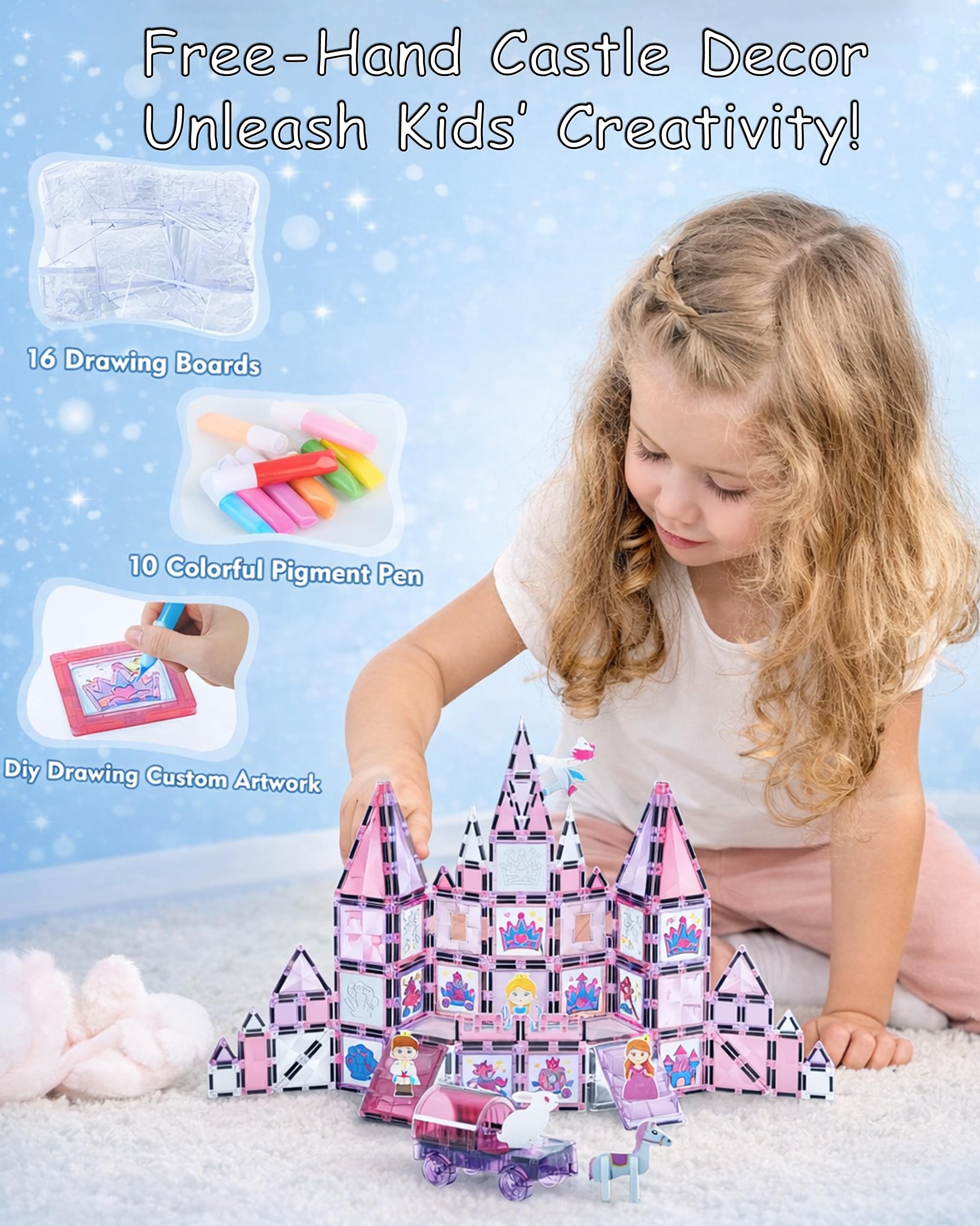Piastrelle magnetiche in rosa, set da 126 pezzi, piastrelle magnetiche con matite e adesivi fai da te, giocattolo educativo STEM per bambini dai 3 anni in su