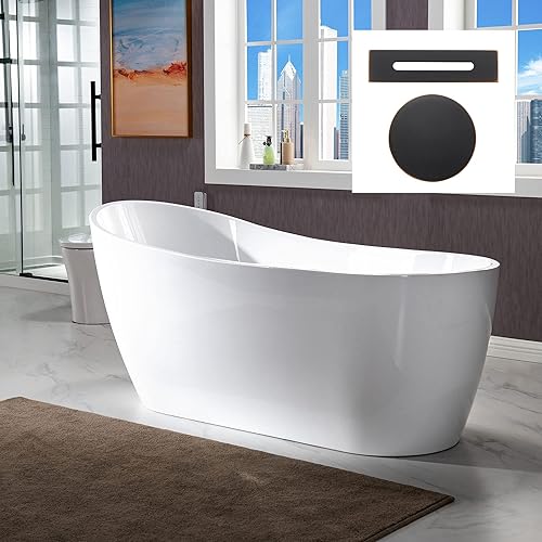 Vista 12 de WOODBRIDGE Bañera de acrílico independiente de 67 pulgadas, bañera contemporánea, acrílico blanco (drenaje de níquel cepillado/desbordamiento)