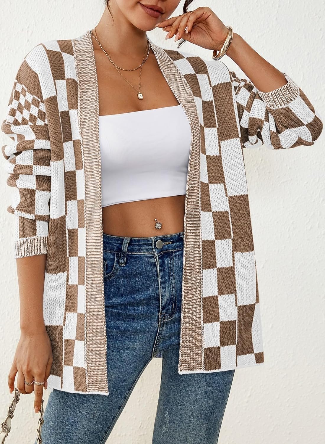 Pink Queen 2026 Checkered Cardigan Sweaters for Women Casual Long Sleeve Plaid Knit Outwear Coats with Pockets - Image 3