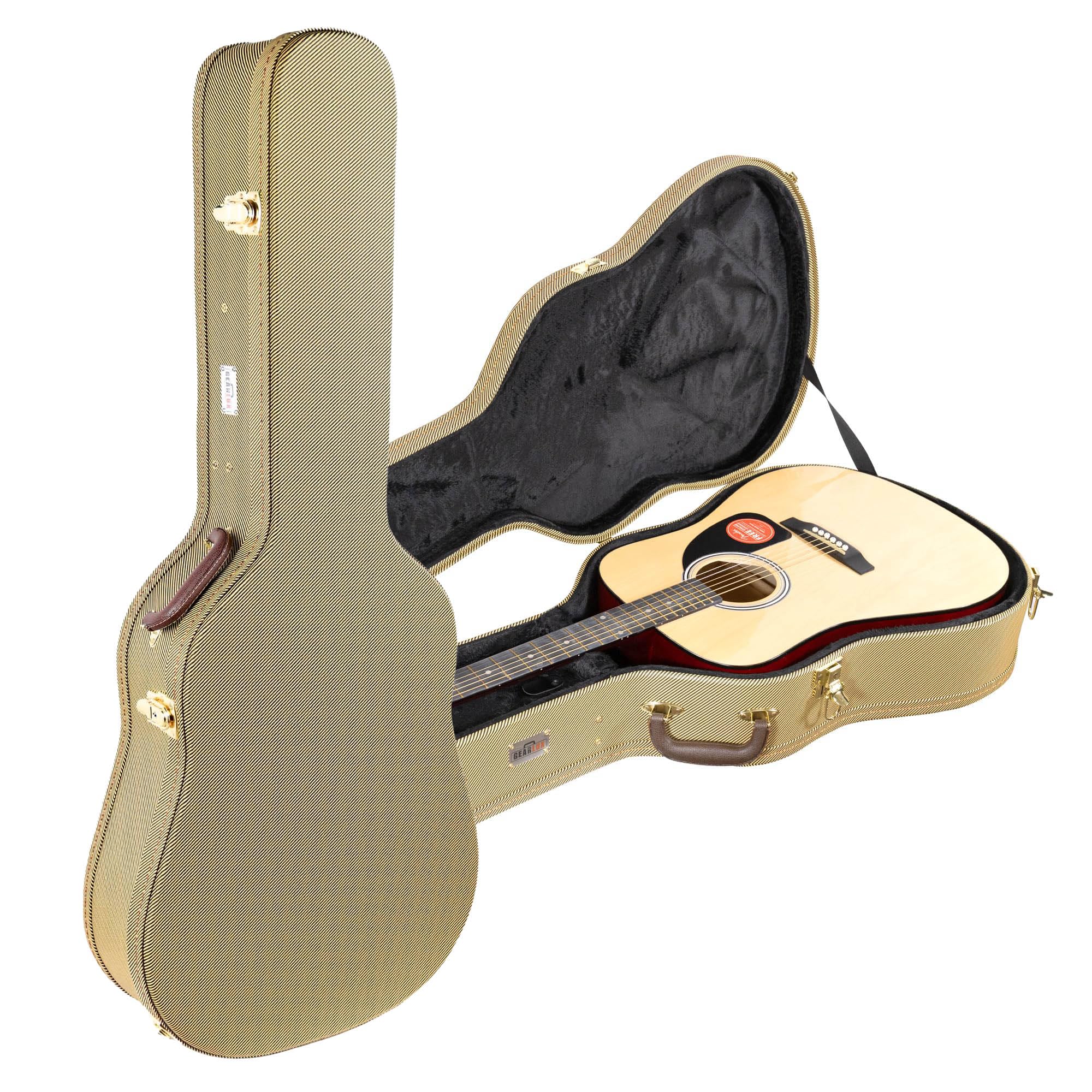 Dreadnought Acoustic Guitar Hard Case with Exterior Lock and Key, Interior Accessory Compartment, and Plush Interior Padding - Tweed