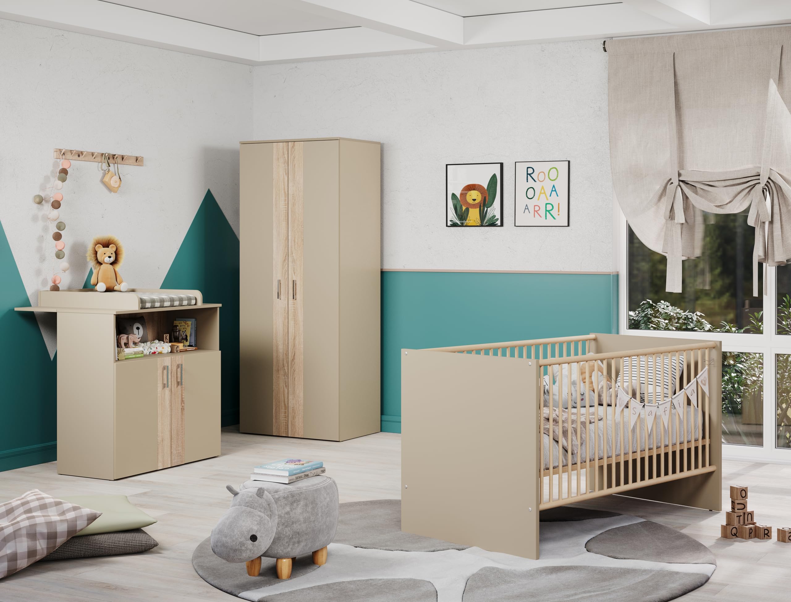 trendteam smart living Berry Babyzimmer Komplett-Set Beige/Eiche modernes Babyzimmer-Set bestehend aus Kleiderschrank, Babybett und Wickelkommode Bett höhenverstellbar von 19 auf 51,8 cm