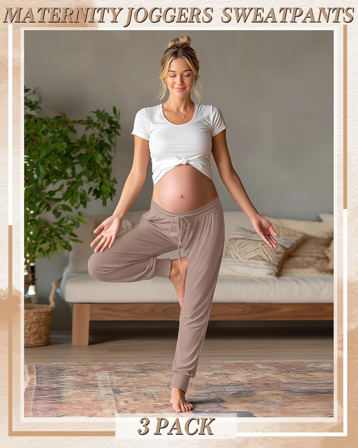 3 Pack Women's Lounge Maternity Pants, Casual Joggers Underbelly Pregnancy Sweatpants with Drawstring and Pockets - Image 2