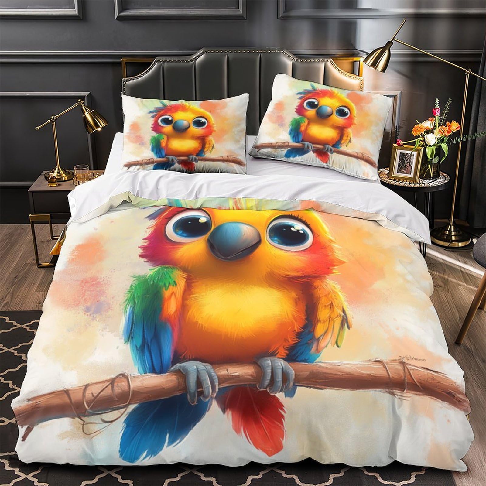Housse de couette perroquet 3D lavable en machine pour lit single