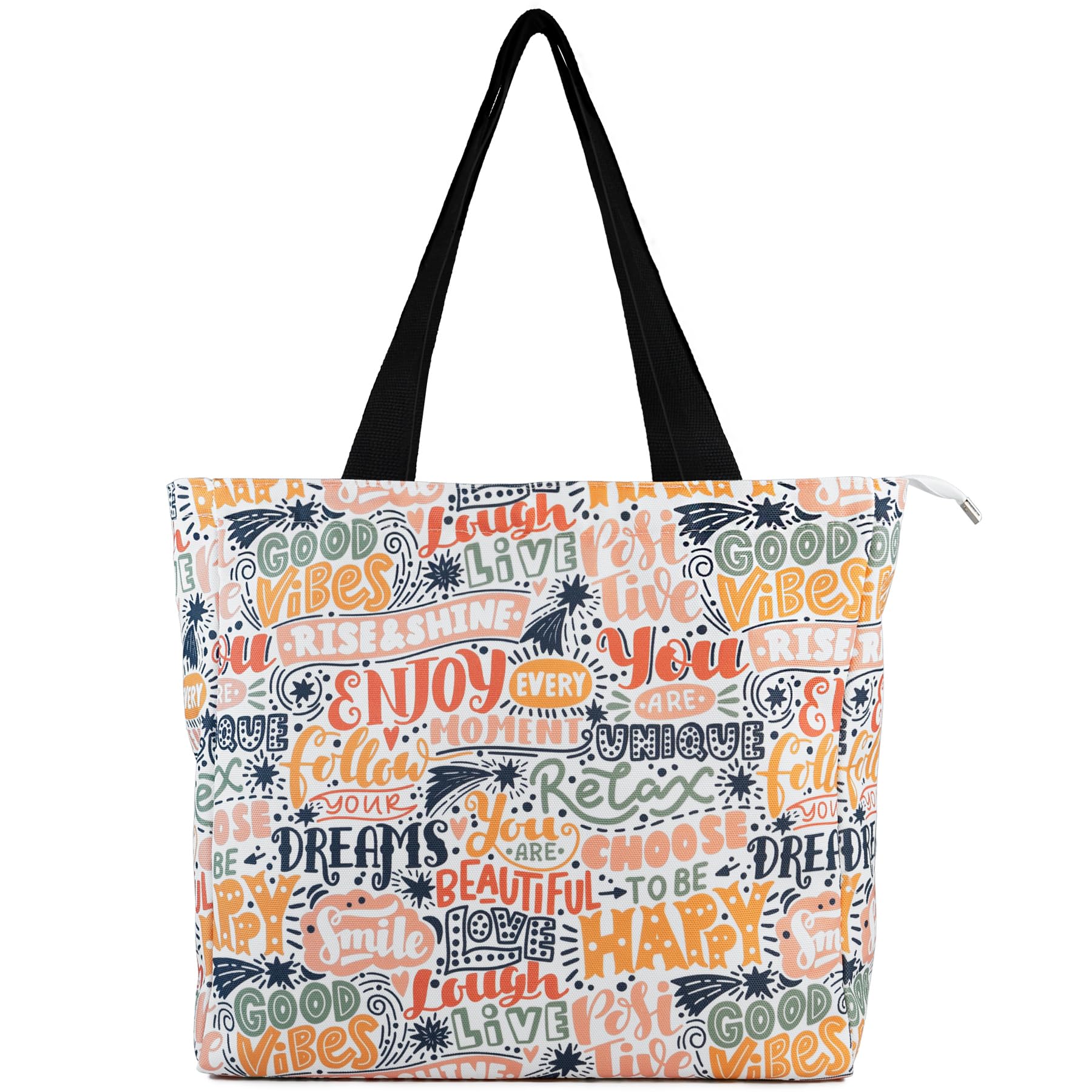 LOCKASEN Women's Tote Bag with Zipper, Thick Canvas, Vibrant Print, Wide Strap - Reusable Shopping Bag for Work & Daily