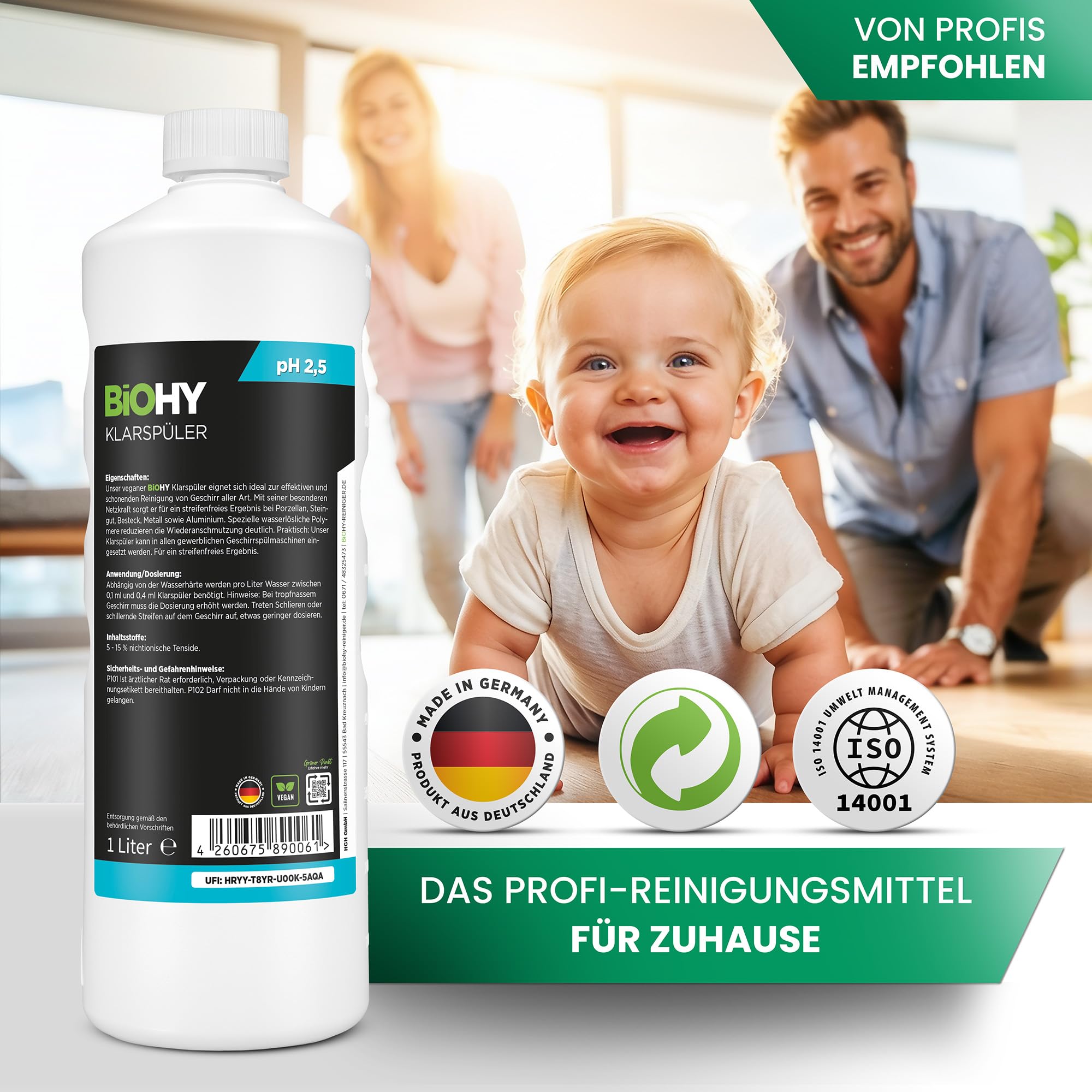 BiOHY Abrillantador (3 botellas de 1 litro) + Dosificador | Apto para todos los lavavajillas | para un brillo inmejorable en los vasos y platos sin manchas de agua (Klarspüler)