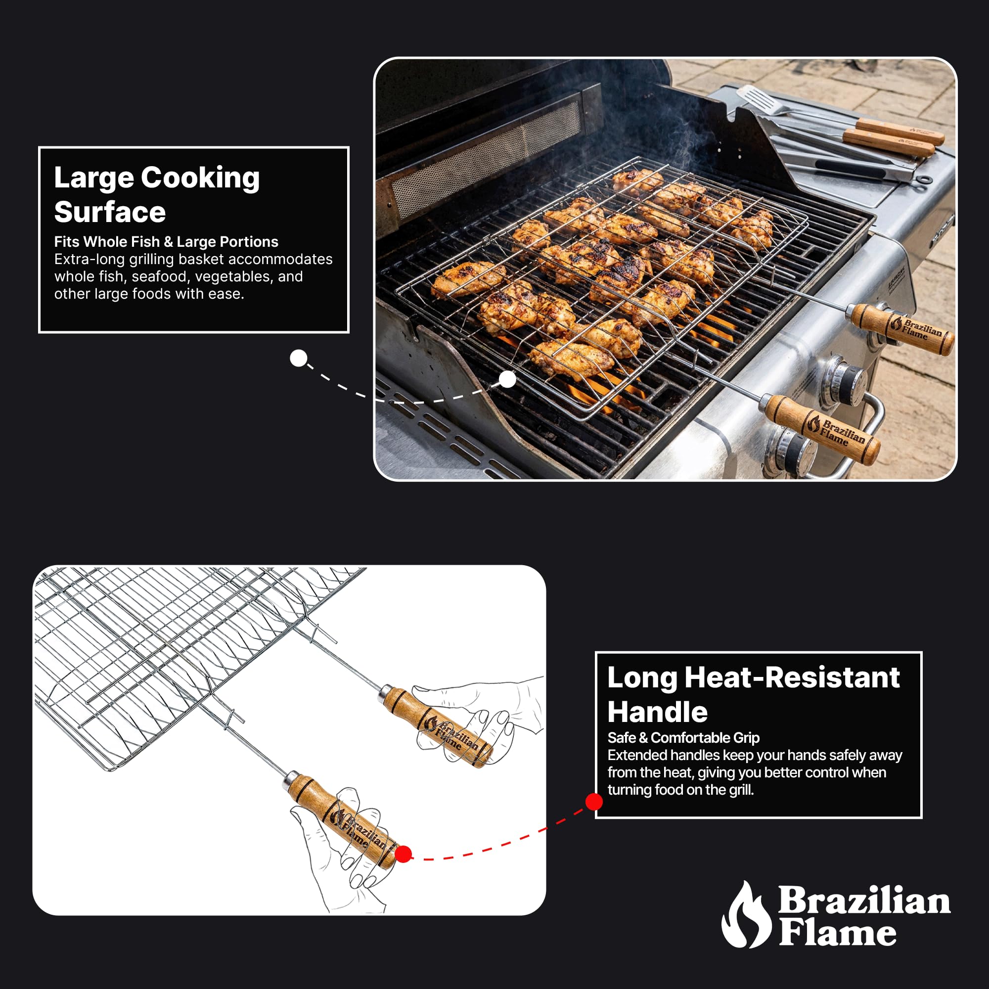 Brazilian Flame Cestino pieghevole per barbecue, in acciaio cromato, per verdure, carne, spiedini e spiedini | Design con bloccaggio su due lati | Adatto a griglie a gas, carbone e fuoco aperto |