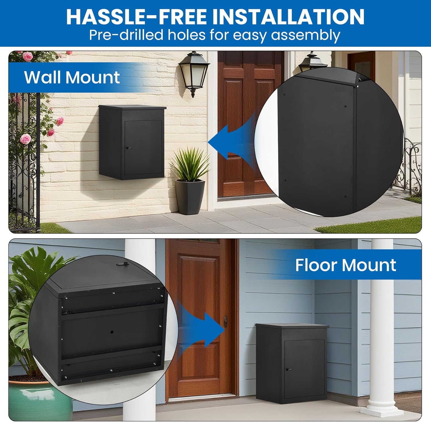 Package Delivery Boxes for Outside, Extra Large Parcel Drop Boxes with Lock, Anti-Theft Galvanized Steel, IPX3 Waterproof Weather Resistant Mailbox for Porch Fence Curbside (23.2"L x 18"W x 43.7"H)