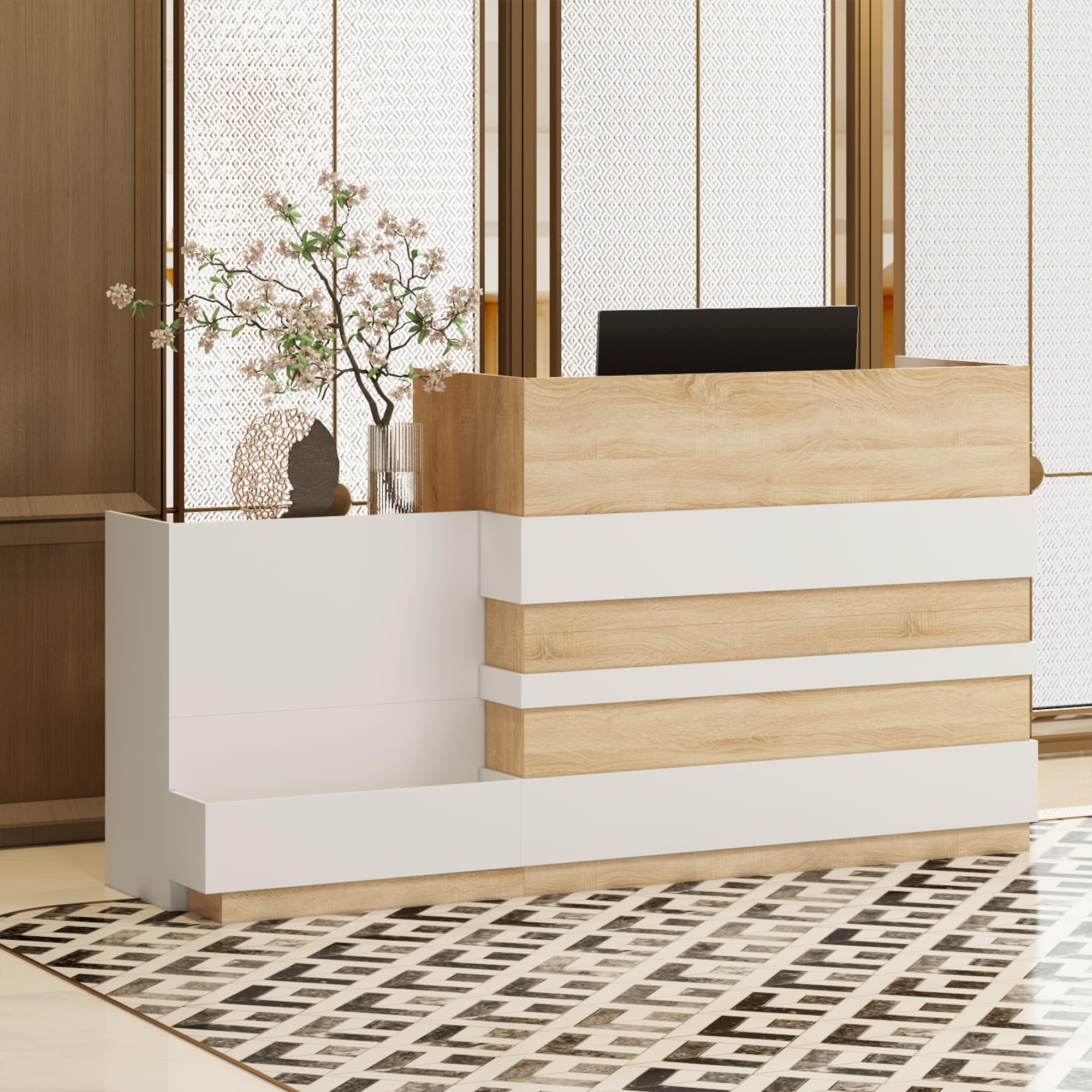 lada recepcyjna, recepcja, stół recepcyjny, stół recepcyjny, strefa recepcyjna, stół recepcyjny, mebel biurowy, 222 cm x 64 cm x 120 cm, biały + drewno dębowe