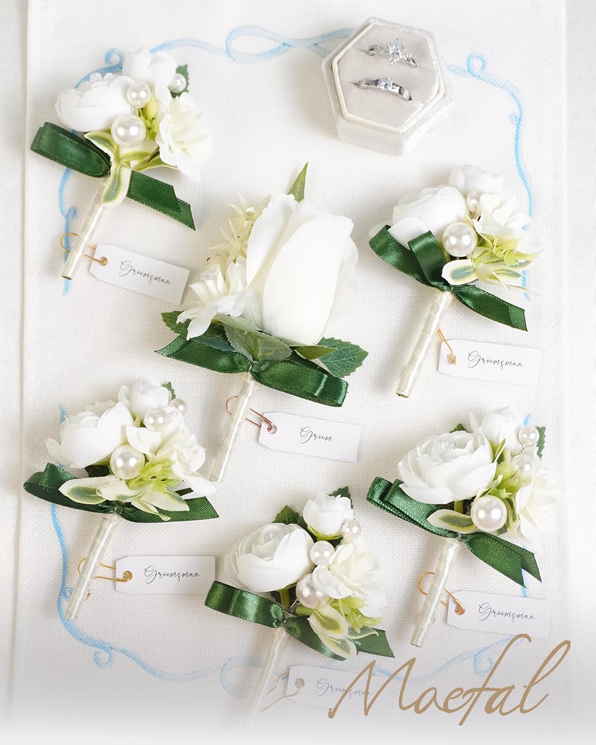 6pcs White Boutonniere for Men Wedding - Realistic Ranunculus & Pearl Groom Groomsmen Corsage Set with Gold Pins - Artificial Silk Flower for Formal Prom, Homecoming, Anniversary Suit