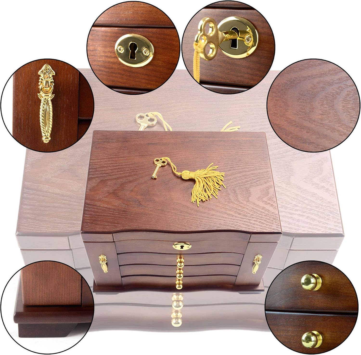 Kendal Hardwood Large Wooden Jewelry Box Organizer with Mirror and Lock WJC03HT : Clothing, Shoes & Jewelry