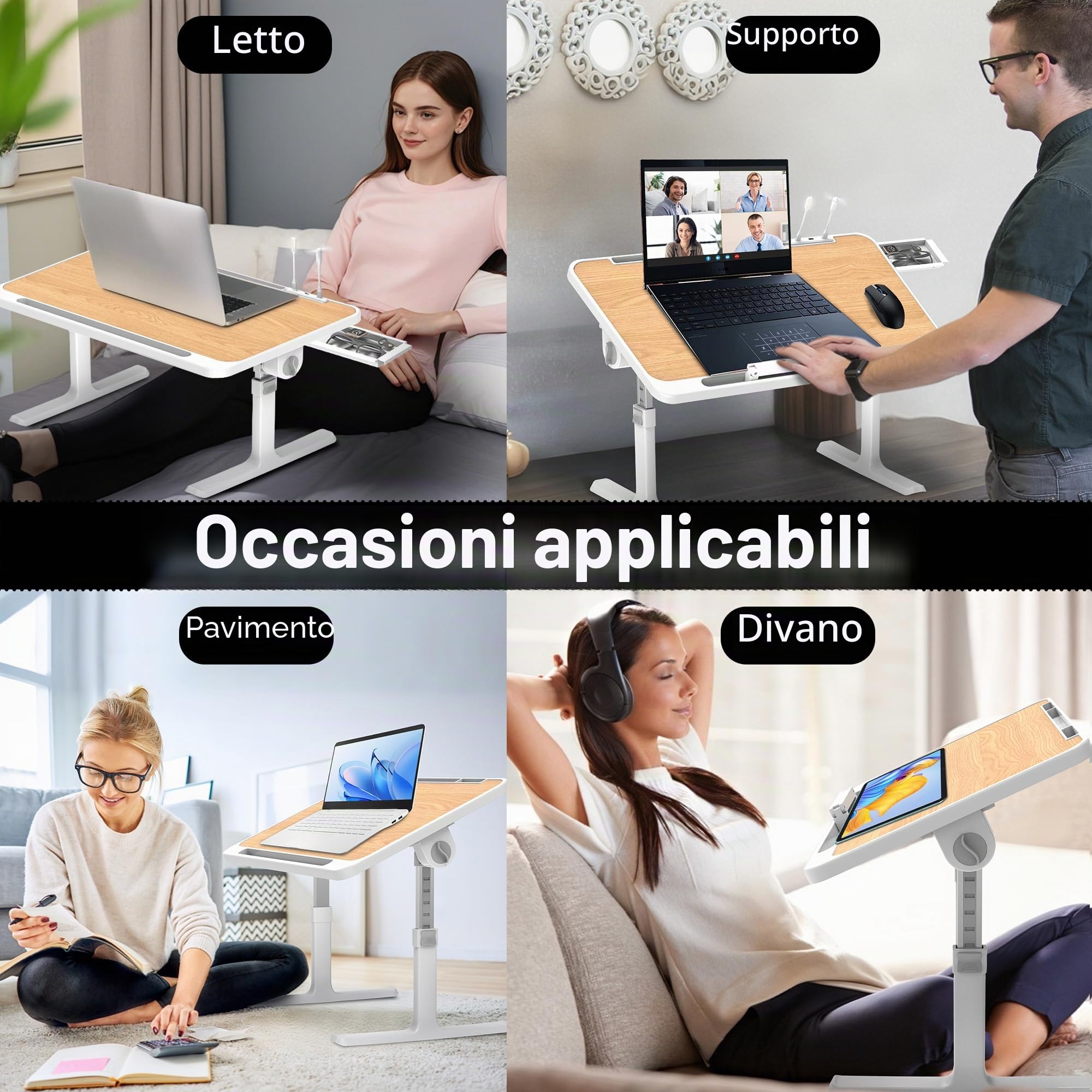 Soontrans Tavolino da Letto 60x40cm, Vassoio da Letto con Cassetto e Supporto per Tablet, Regolabile in Altezza und Angolo, Pieghevole, Tavolo da Letto per Letto, Divano, Pavimento(Colore del Legno)