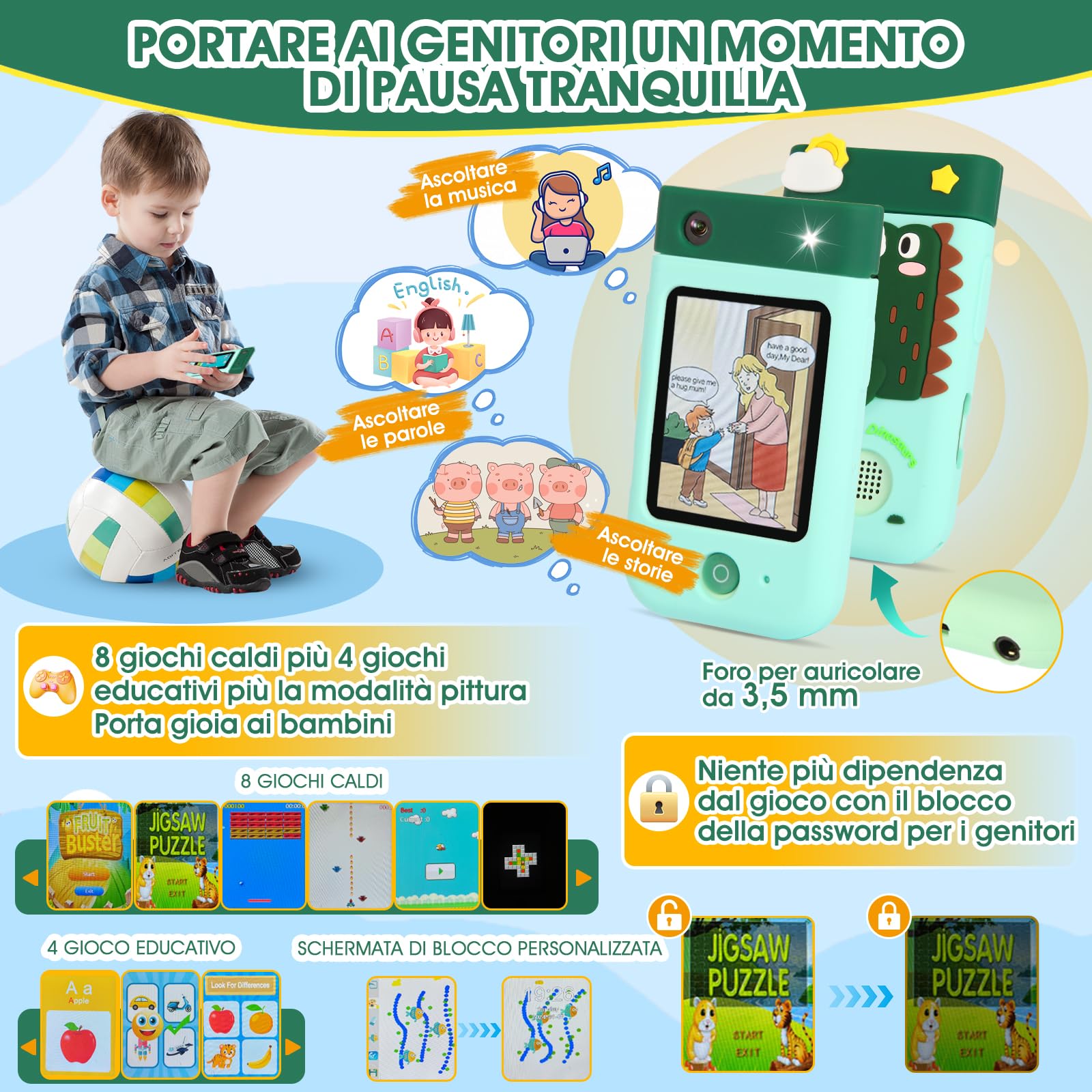Telefono Per Bambini, ZUEOKAI Macchina Fotografica Bambini Touchscreen, 180° Obiettivo, Video 1080P con Custodia Silicone, Regali di Natale e Compleanno per Bambini, Regalo Bambina 3 4 5 6 7 8 Anni