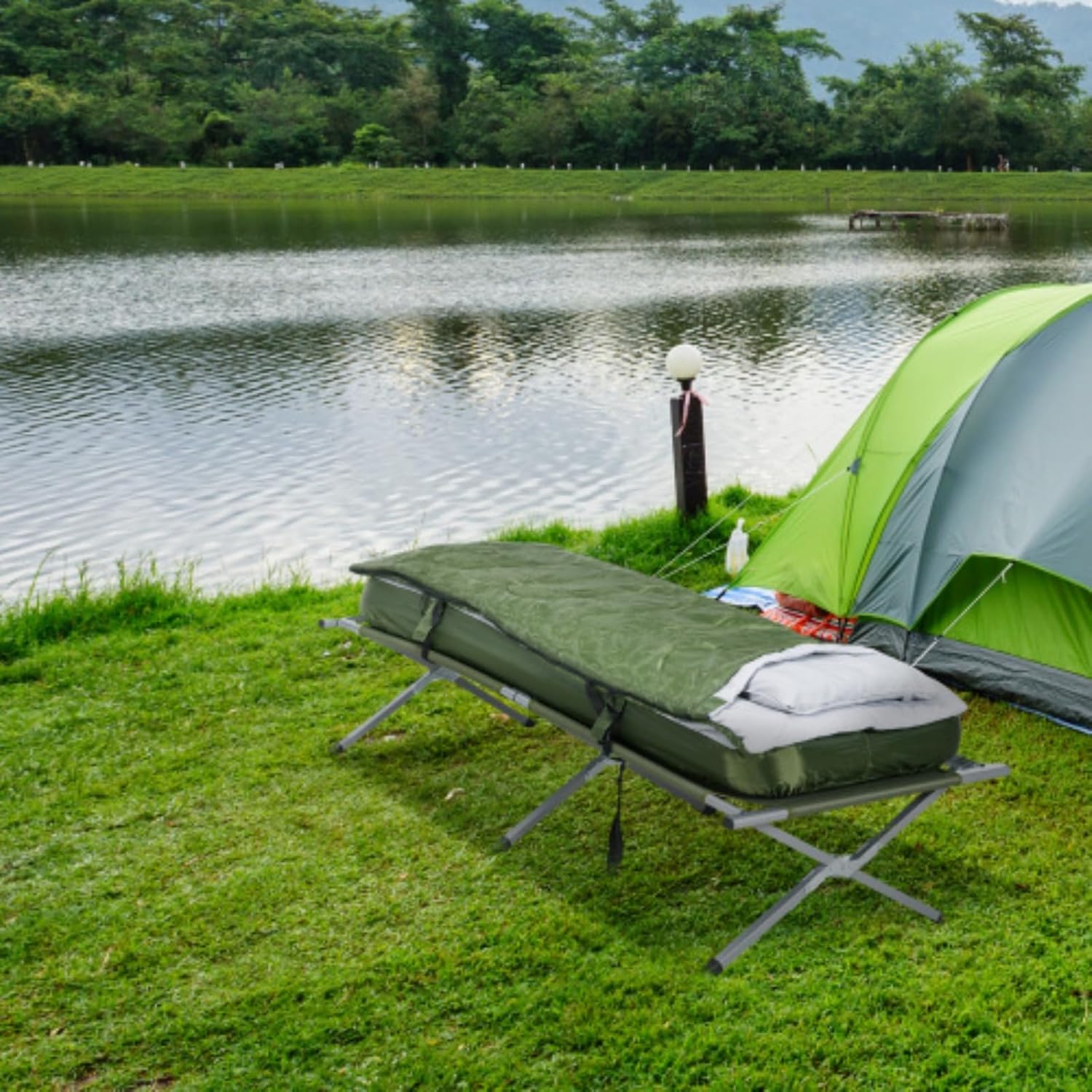 Camping Bed, Outdoor Folding Bed Set, Single Travel Bed, Equipped with Mattress, Sleeping Bag, Pillow and Handbag, Comfortable and Portable, Suitable for Travel Camping Beach