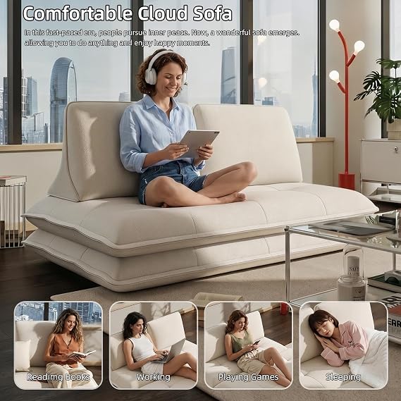 2 Seater Convertible Prado Sofa Bed,Chenille Couch Bed with Deep Seat and Movable Backrest,Loveseat Sofa Bed for Living Room Bedroom Sunroom,No Assembly (Beige)