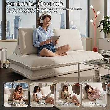 2 Seater Convertible Prado Sofa Bed,Chenille Couch Bed with Deep Seat and Movable Backrest,Loveseat Sofa Bed for Living Room Bedroom Sunroom,No Assembly (Beige)