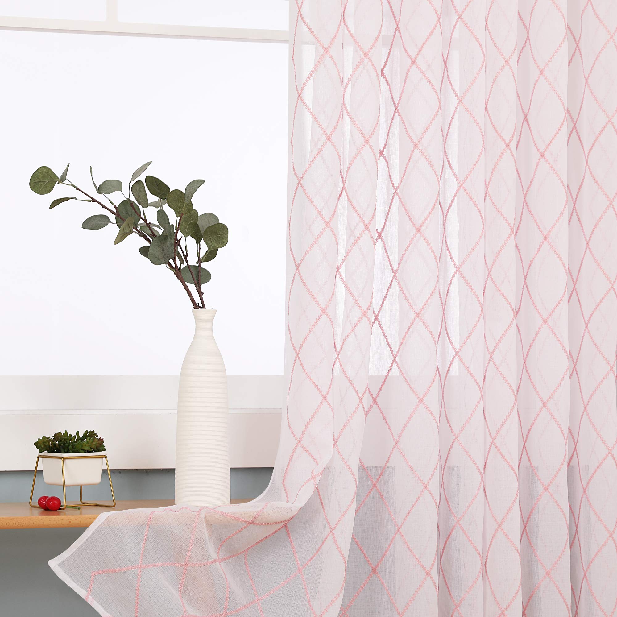 Deconovo Top Ring Diamond Embroidery Net Curtains Semi Transparent Curtains Faux Linen Sheer Curtains for Living Room 55 x96 Drop Inch Pink 2 Panels — image 1