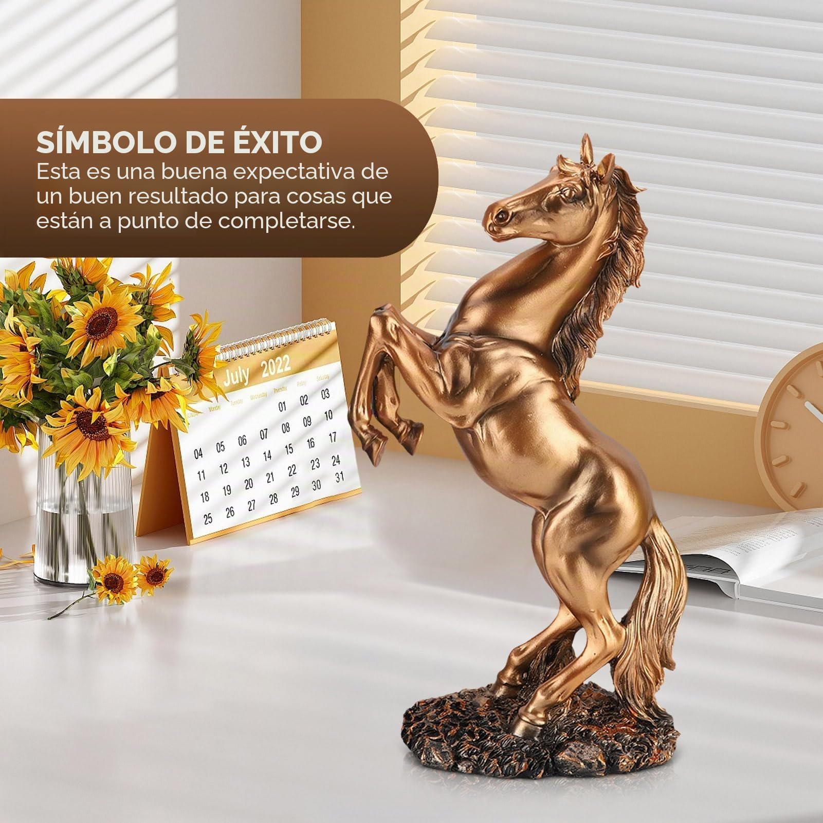 HERCHR Estatua de Caballo de pie Estatua de Resina, Estilo Europeo Escultura decoración Animal, Oro Blanco Cobre Acabado Feng Shui Ornamento para la estantería de Escritorio de la Oficina en el hogar