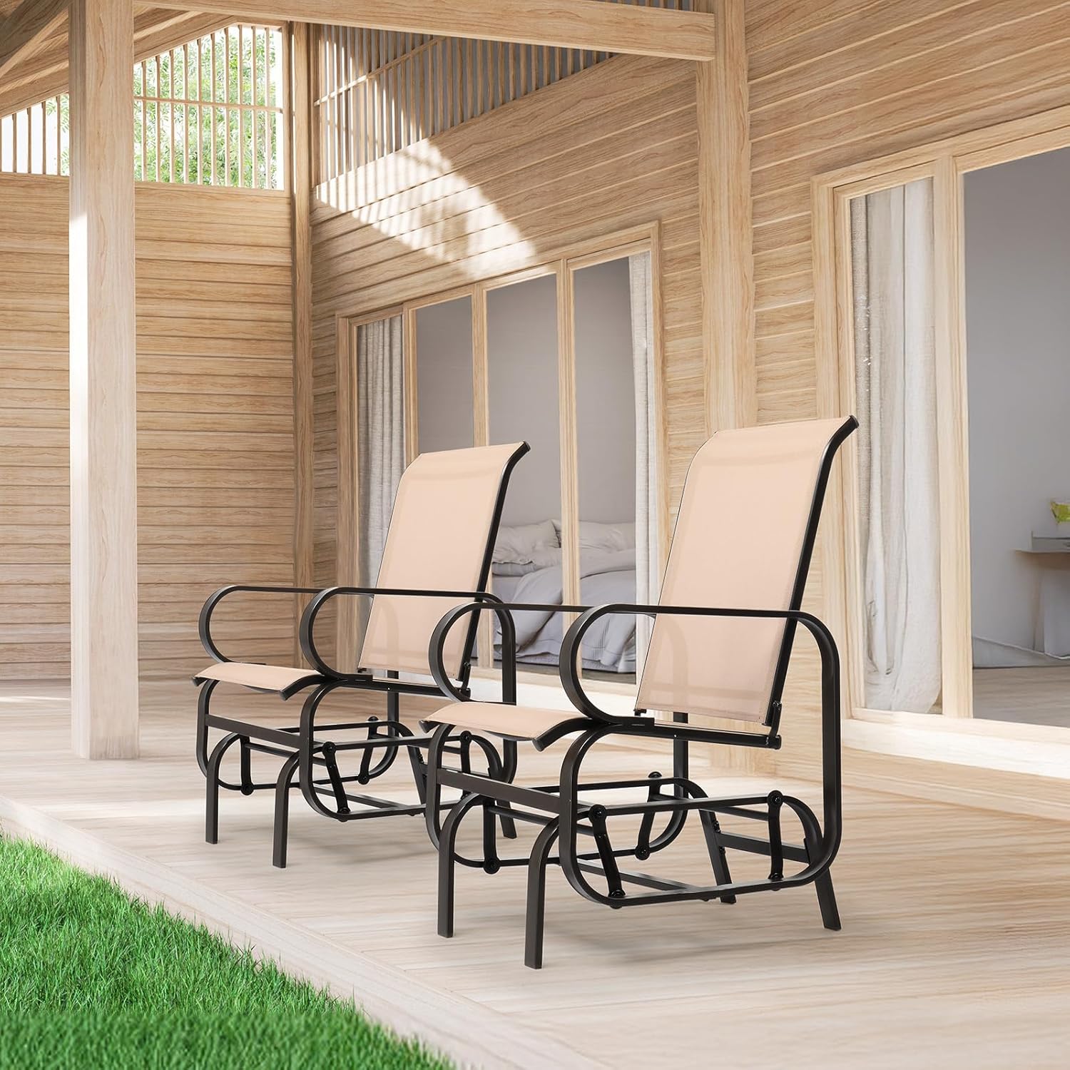 Two VINGLI Outdoor Gliders placed on a wooden porch.