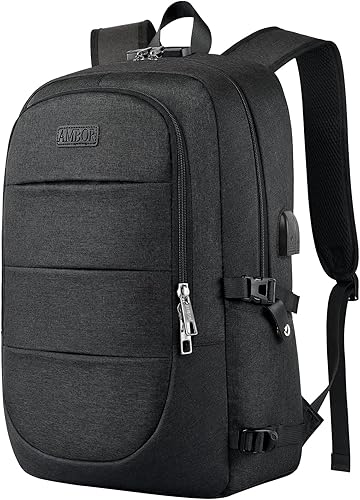 Miniatura 7 de AMBOR Mochila para computadora portátil, antirrobo, bolsa de viaje para laptop con puerto USB y bloqueo, Verde oscuro, Mochila de viaje para laptop