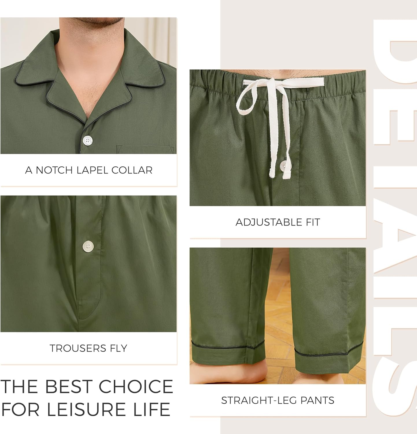 Vulcanodon Mens 100% Cotton Pajamas Set, Soft Long Sleeve Pajamas for men Lightweight Button Up Sleepwear Loungewear Pjs Set with Pockets(Army Green,M) - Image 5