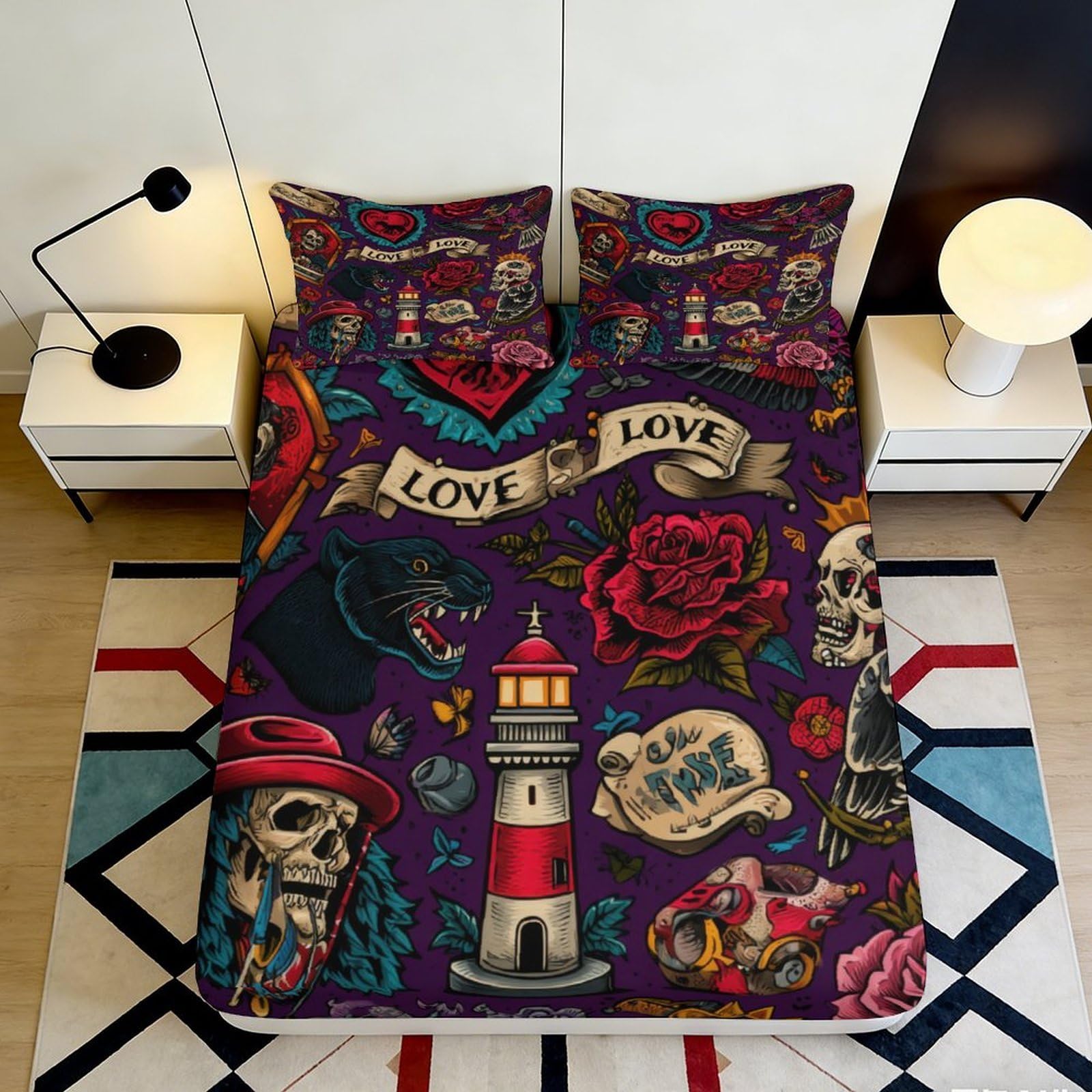 3D Printed Tattoo Style Fitted Sheet Microfiber Soft Breathable Gothic Skull Bed Cover for Bedroom Dormitory Guest Room Mattress Protection Decor 90x200x25cm