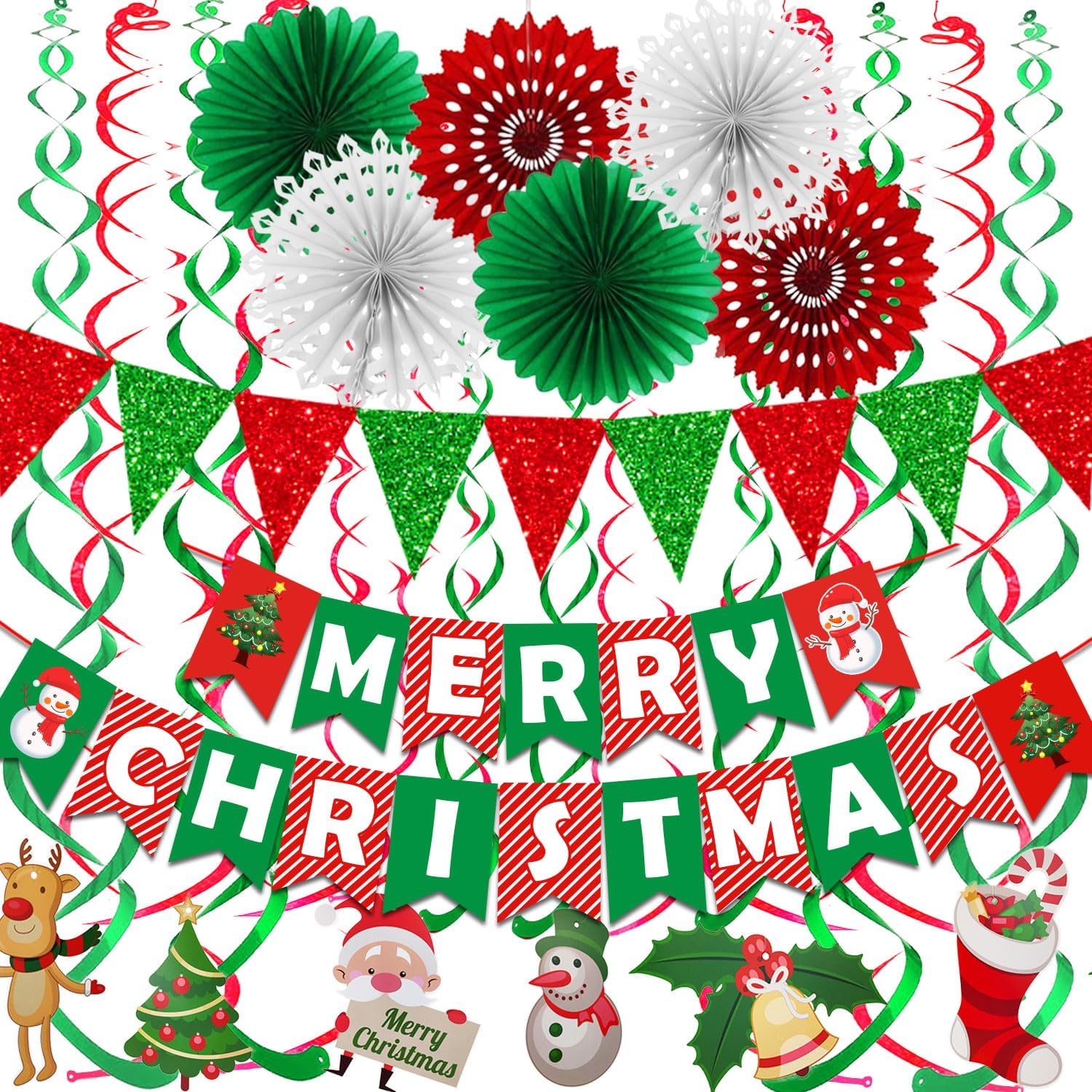 Fecedy Merry Christmas Hanging Paper Banner Triangle Bunting Paper Flower Fan Swirl Streamers&Christmas Tree Santa Claus Banner for Merry Christmas Party Decorations