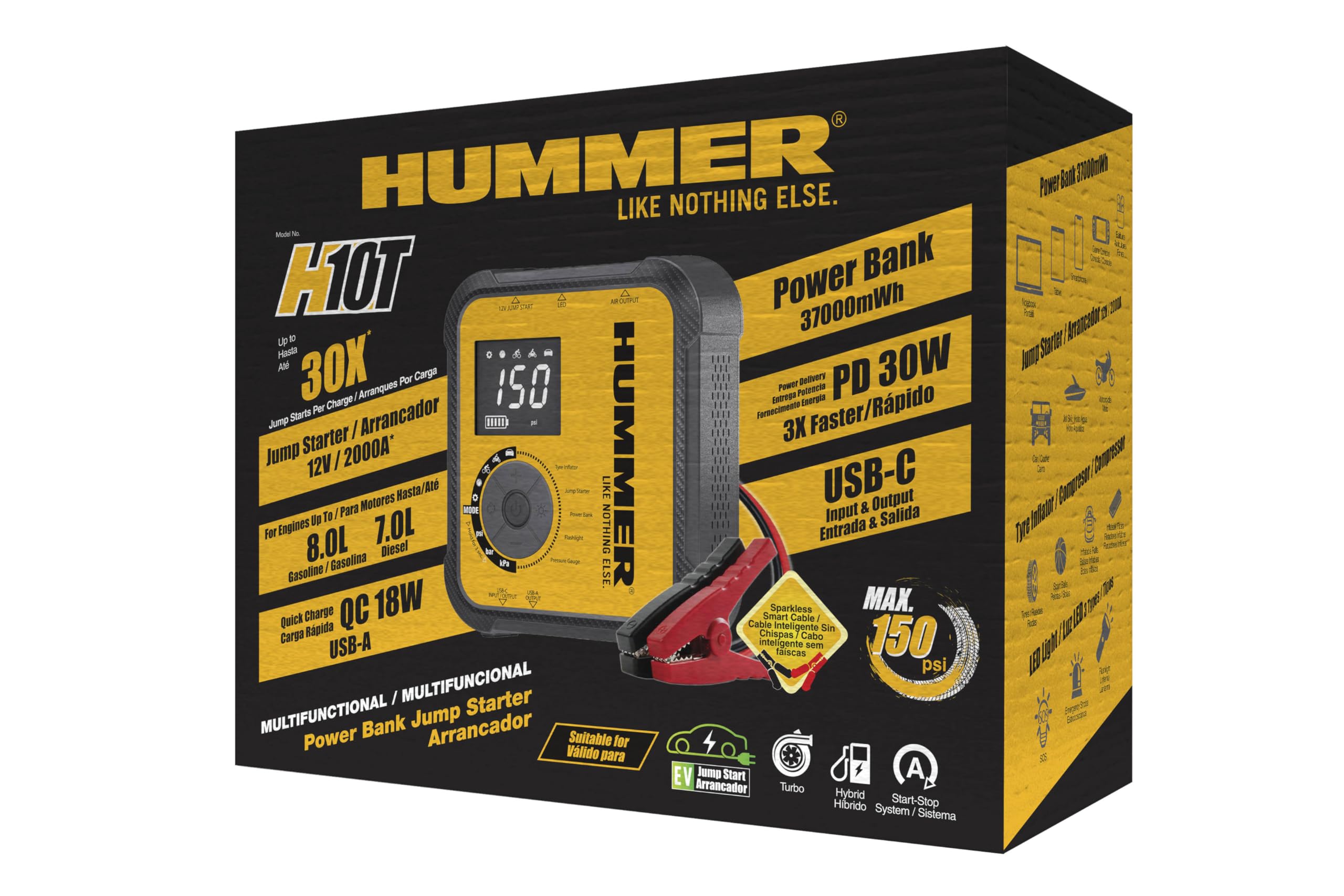 Hummer H10T Arrancador Multifuncional 10000mAh con Compresor 150 PSI, Jump Starter 2000A para Motores Gasolina 8.0L y Diésel 7.0L, Inflador Inalámbrico, Power Bank USB-C PD 30W y USB-A QC 18W
