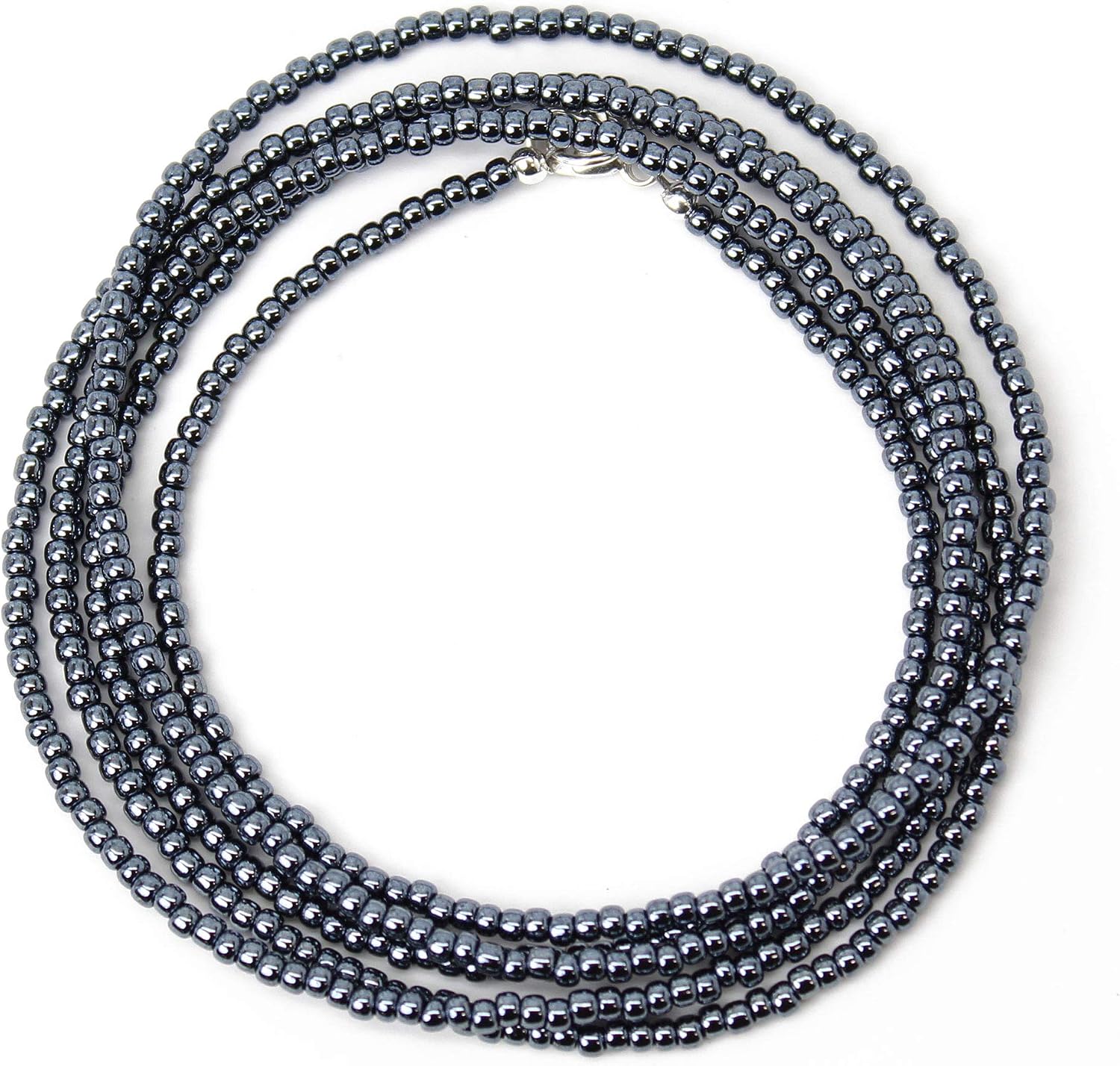 Handmade Metallic Hematite Glass Seed Bead Necklace, Thin 1.5mm Single Strand