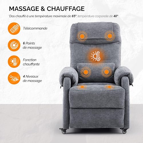 Bonnlo Fauteuil Massant, Fauteuil de Relaxation avec 6 Points de Massage et Chauffage, Dossier et Repose-Pieds Réglable Automatiquement, Équipé d'un Appui-tête et Un Coussin, Gris Foncé, Tissu - 3