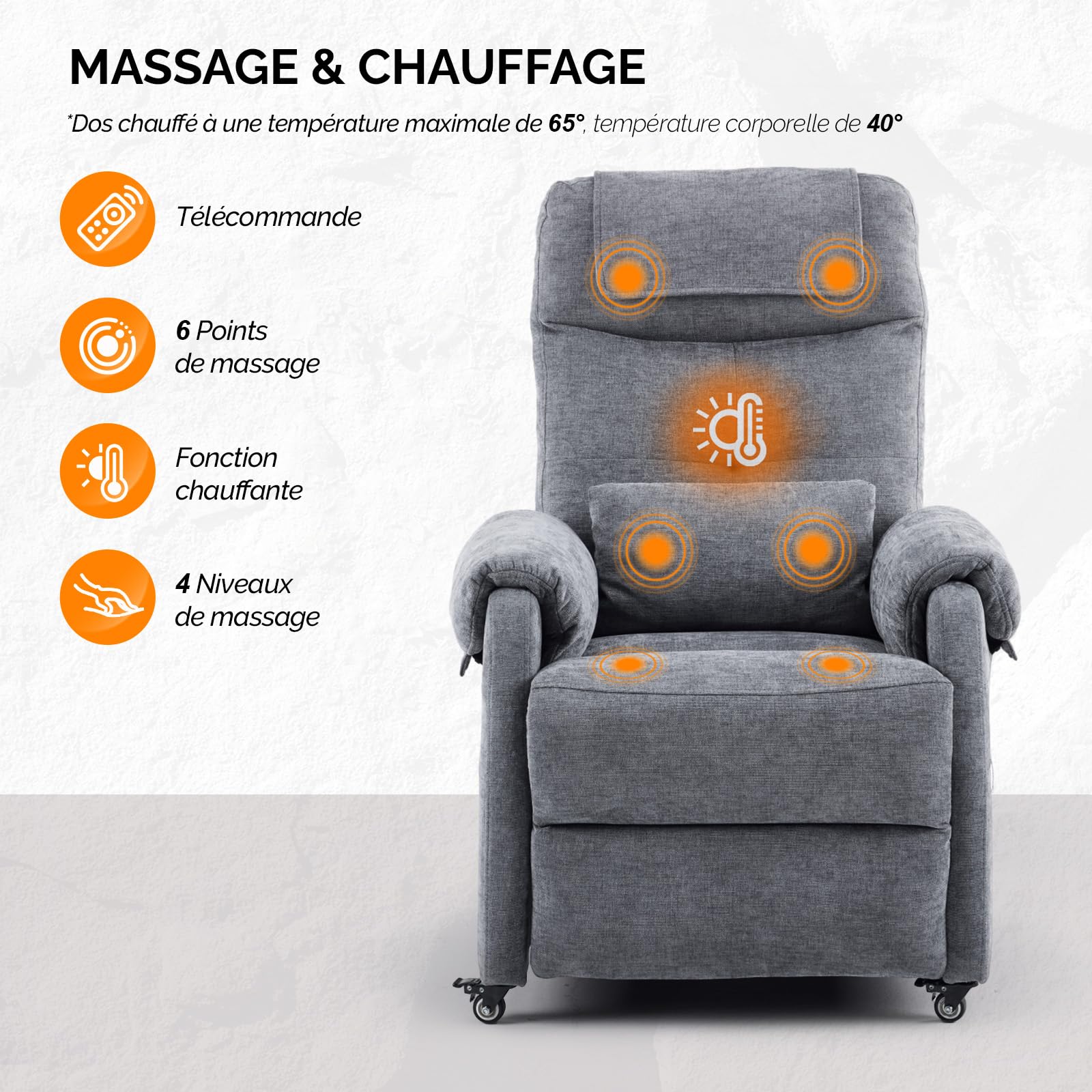 Bonnlo Fauteuil Massant, Fauteuil de Relaxation avec 6 Points de Massage et Chauffage, Dossier et Repose-Pieds Réglable Automatiquement, Équipé d'un Appui-tête et Un Coussin, Gris Foncé, Tissu