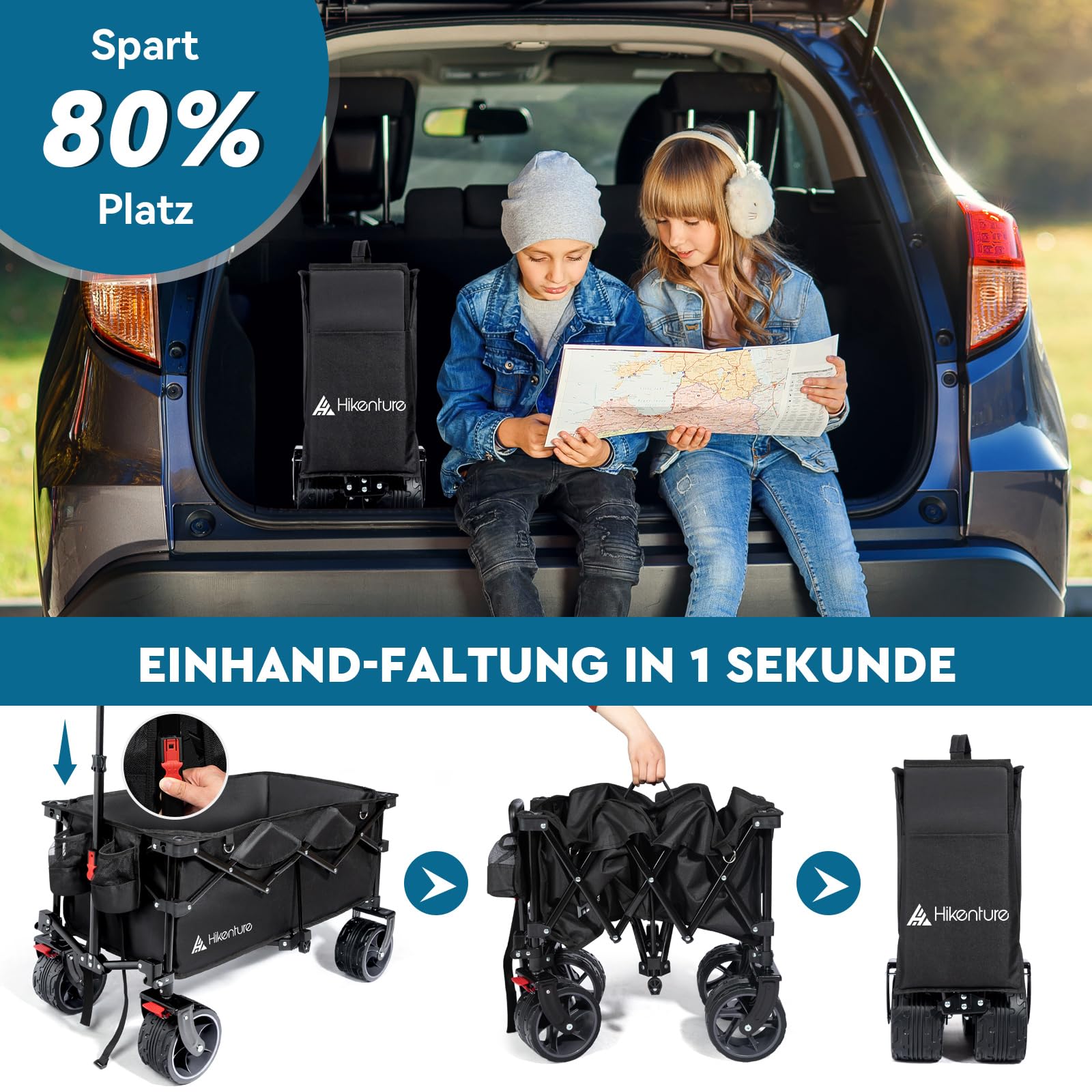 HIKENTURE Bollerwagen Faltbar 135L Faltbarer Bollerwagen - Klappbarer Handwagen für Strand Camping Einkaufen - Faltbollerwagen Handwagen