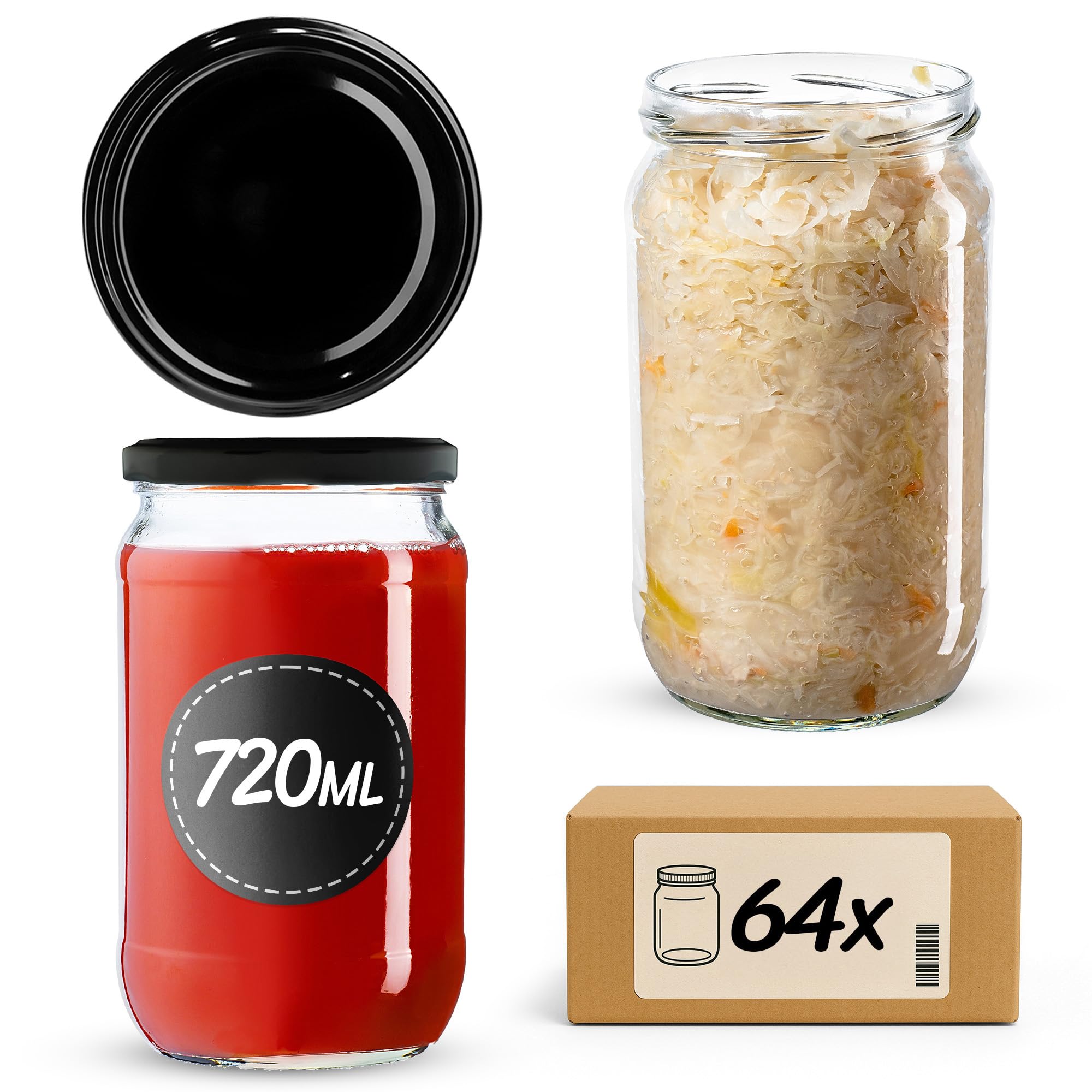 KADAX 64 tarros de conservas de 720 ml con tapa de rosca de 82 mm para conservas, conservas y preparación de comidas, tarros herméticos Twist-off (negro/64 unidades)