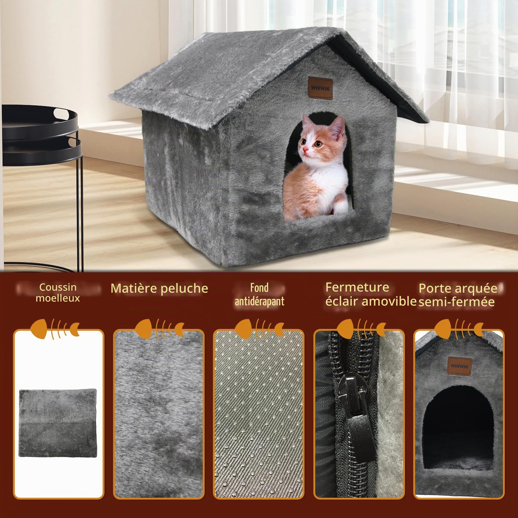 Niche pour Chat d’intérieur avec Coussin en Peluche Maison de Chat Abri Chaud et Confortable Lit pour Chat Panier pour Chat avec Fond Antidérapant 40x35x40cm