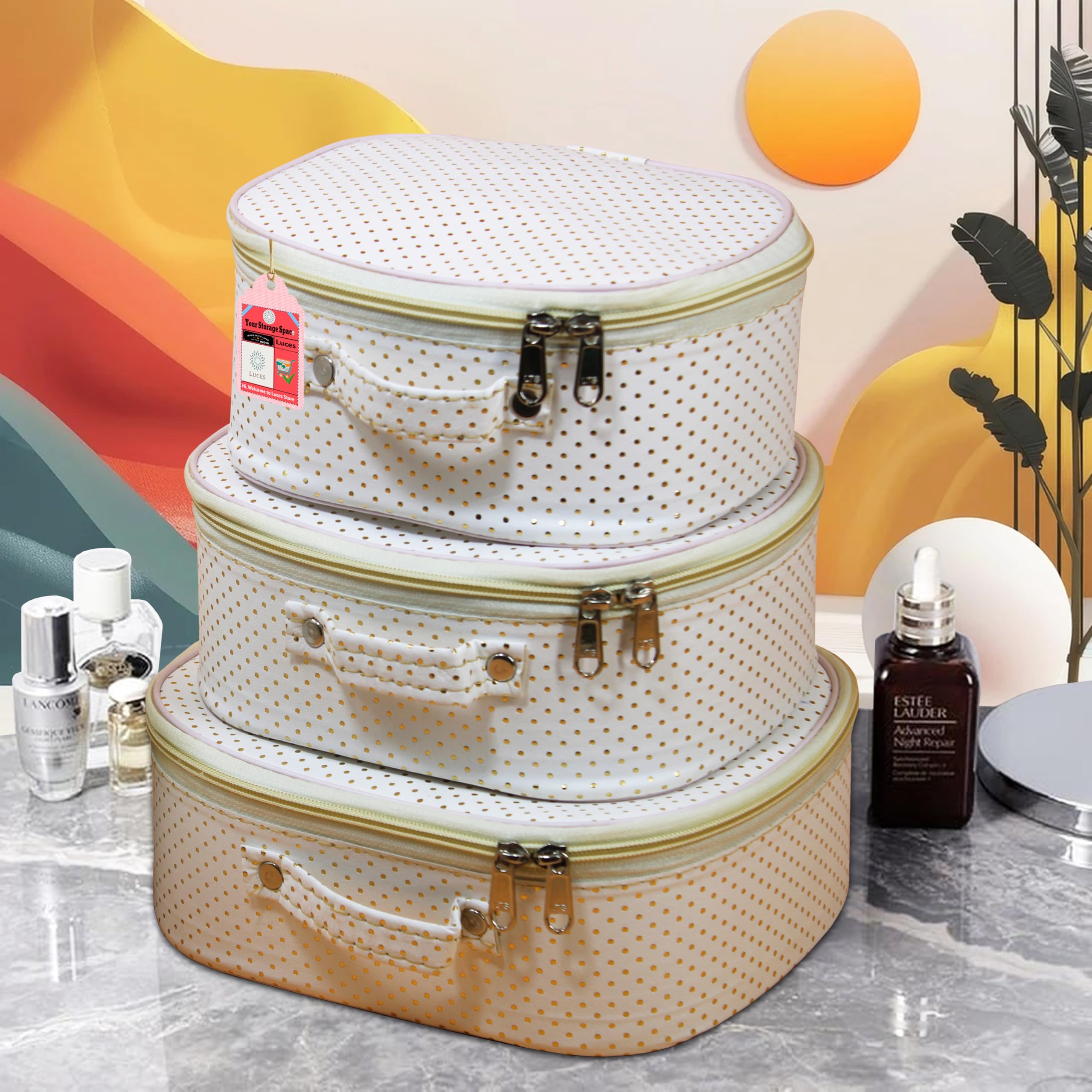 atorakushon Fabric Makeup Storage Box Shaving Travel Vanity Cosmetic Toiletry Organizer Necklace Pouches Ring Earring Tops Studs Jewellery Pouch for Women with 3 Bag Case (Cream) 2