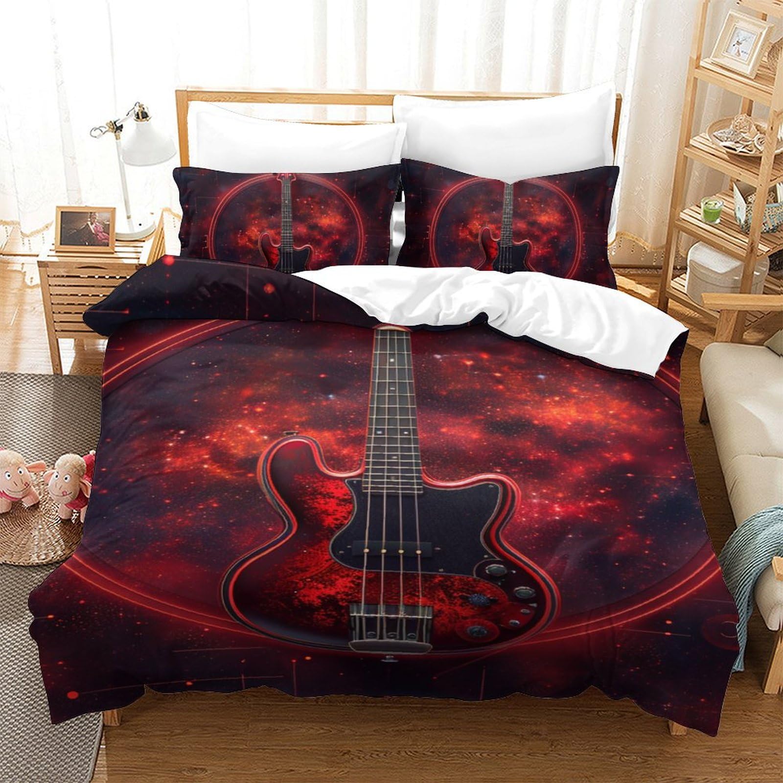 Housse de couette 3D guitare avec taies d'oreiller pour lit simple 140x200 cm