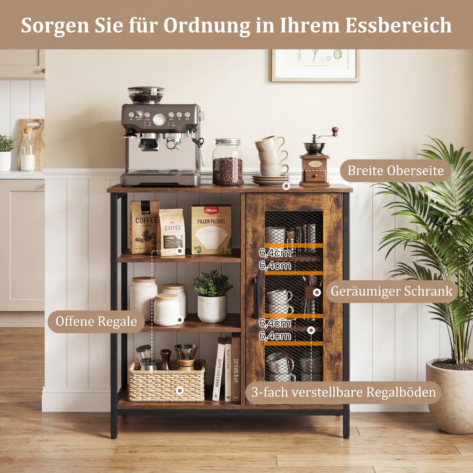 COSTWAY Sideboard Holz, Küchenschrank mit Tür, offenen Ablagen & verstellbaren Einlegeböden, Rahmen aus Kohlenstoffstahl, Anrichteschrank Buffetschrank, Schrank Vintage, 70 x 30 x 81 cm (Braun)