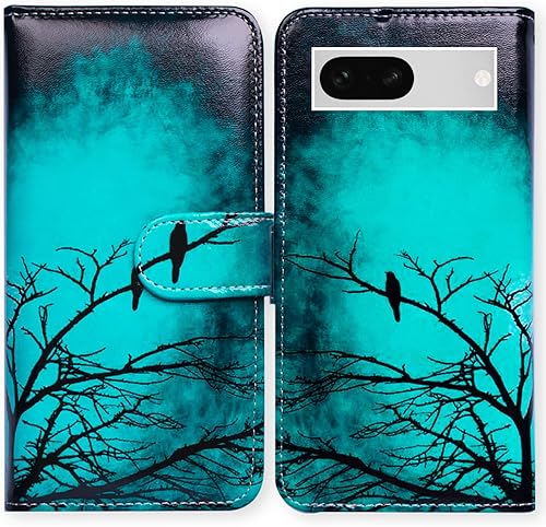 Funda para Pixel 7a, diseño de pájaro negro de cuero verde con tapa para teléfono con ranura para tarjetas, soporte para Google Pixel 7a