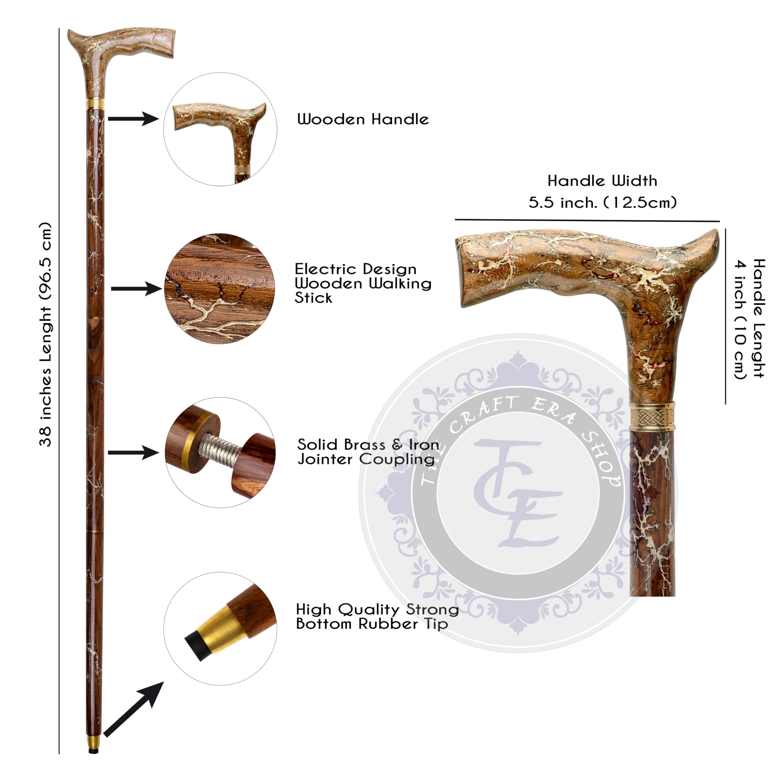 Handcrafted Wooden Walking Cane - 38'' Carved Wooden Walking Stick for Men & Women - Stylish and Durable Mobility Aid - Comfortable Grip Wooden Walking Cane Best Gift