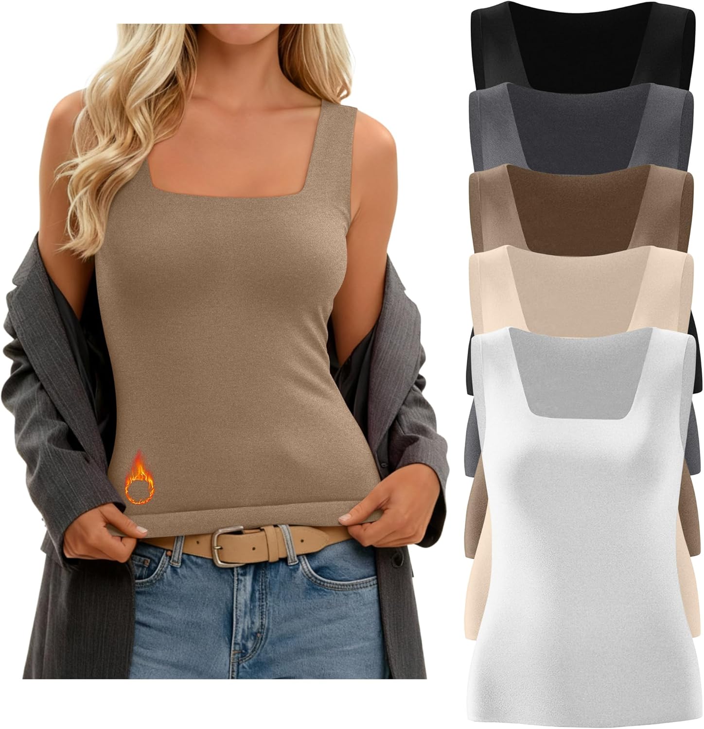 Riyiper 5 Pack Women's Fleece Lined Thermal Tank Top Seamless Square Neck Slim Fit Sleeveless Undershirt Warm Base Layer Vest