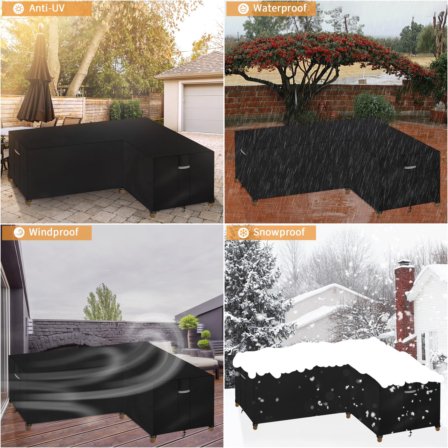 Dokon L-Shape Garden Furniture Covers Waterproof Heavy Duty Oxford Fabric Windproof Anti-UV Outdoor Rattan Corner Sofa Cover with Air Vents - Image 3