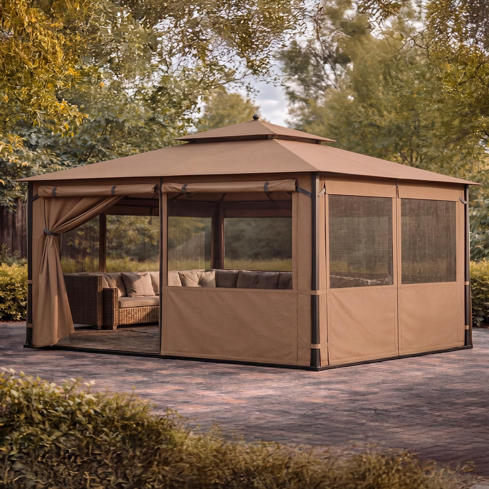 Photo 1 of Batiyeer 10'x12' Gazebo Privacy Curtains with Mesh Windows, Brown