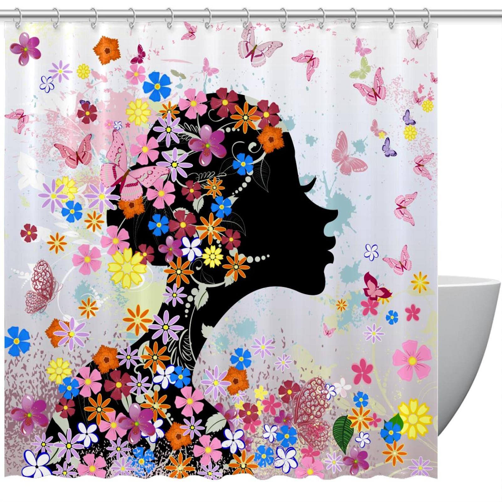 Rideau de douche aquarelle fleurs et papillons rose 183x183 cm