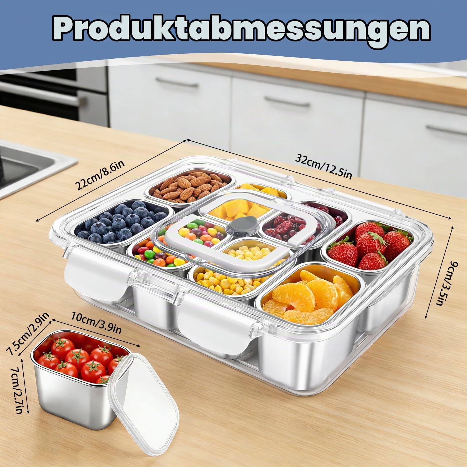 Snackbox mit 8 Edelstahl Fächern Snacktablett mit Griff und Deckel,